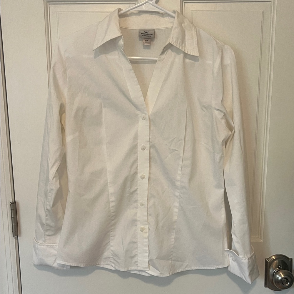 Worthington Size 10 Petite Stretch Blouse in White